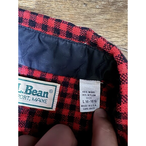 Vintage LL Bean Wool Button Up L Gingham Red Checkered EUC Wool Made in USA - Picture 3 of 6